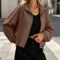 thumbnail image 6 of thefmos Women's Stand Collar Zip Up Long Sleeve Jacket with Pocket Drawstring Solid Color Casual Outerwear Trendy Spring Fall Outfit, Brown XL, 6 of 9