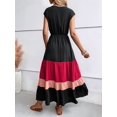 thumbnail image 5 of Women Party Color Block Dress High Waist Short Sleeve Maxi V Neck Dress Casual Ruched Ruffle Hem Dress Style 2 XL, 5 of 7