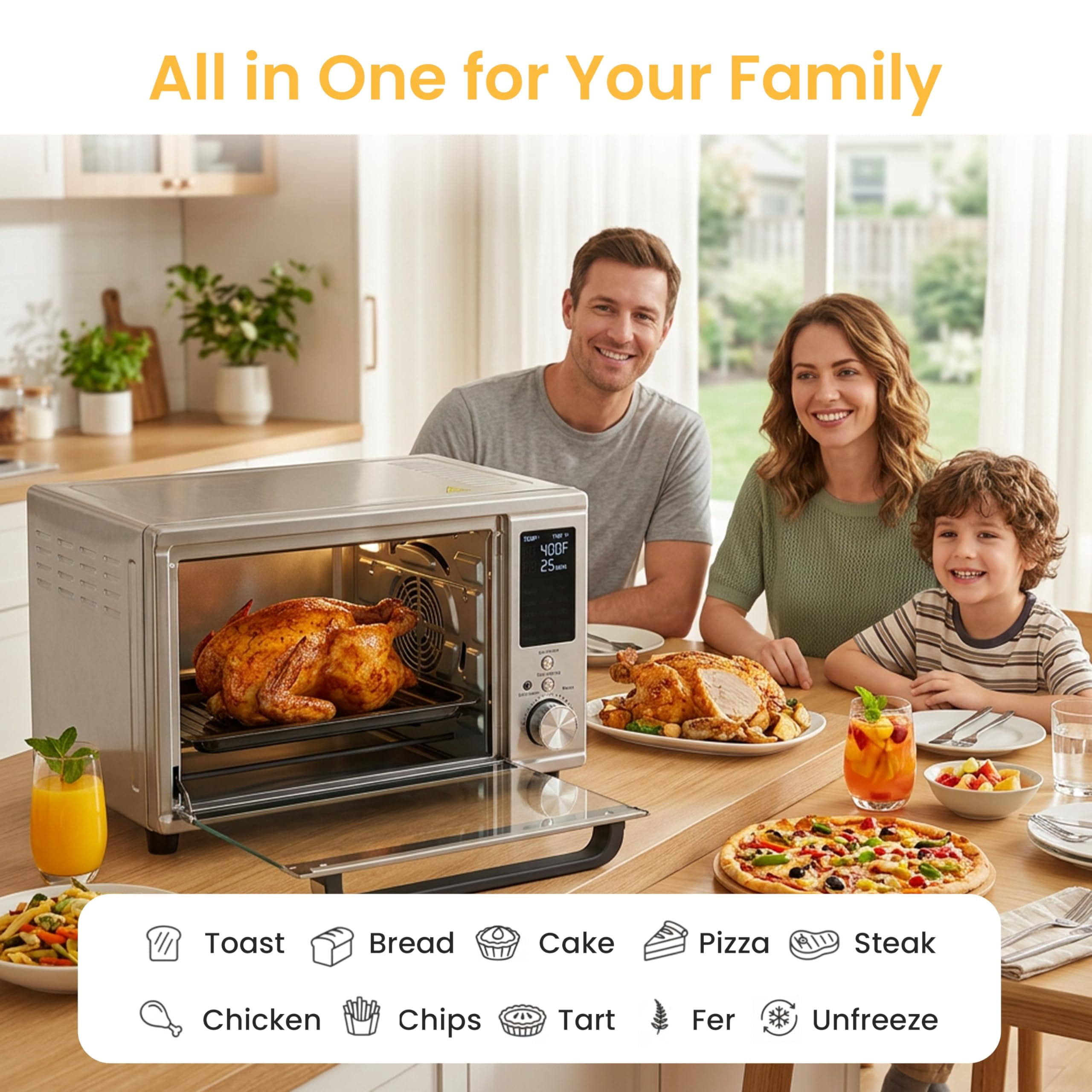 Plum Chef 30 Qt Air Fryer Toaster Oven Combo with Smart Probe, 12-in-1 Countertop Convection Oven, 450°F, Stainless Steel, Silver