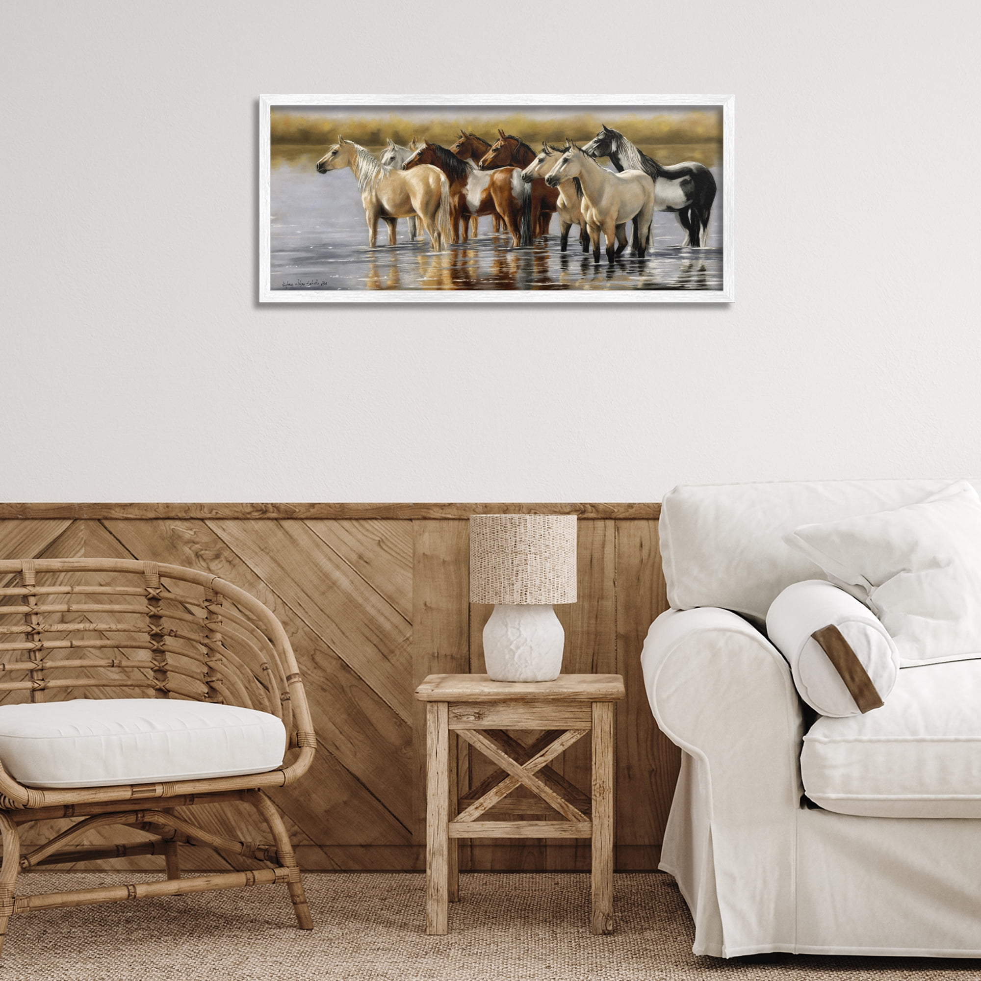 Stupell Industries Horse Herd Splashing Animals & Insects Painting White Framed Art Print Wall Art, 30 x 13