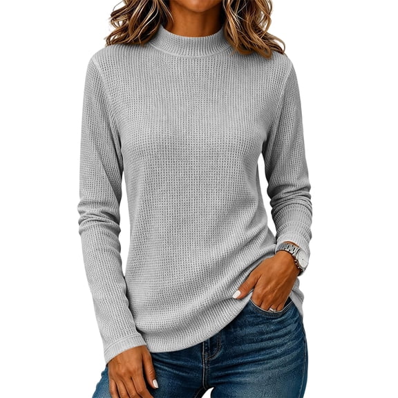 Women's Mock Turtleneck Waffle Sweater Long Sleeve Lightweight Fall Clothes, XL