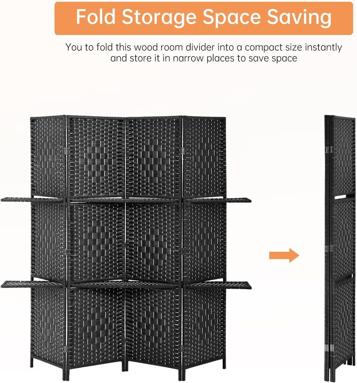 Dkelincs 71 inch Wooden Room Dividers 4 Panel Portable Folding Privacy Screen with Shelves, Black