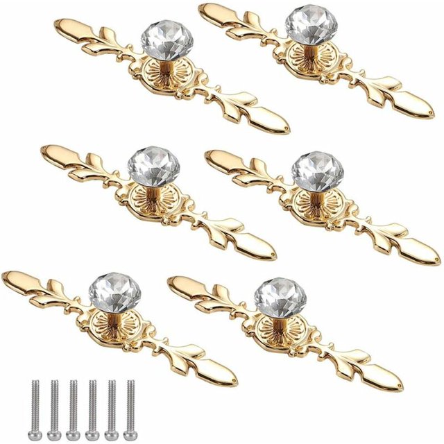 Perilla de puerta de diamante 6 piezas Perillas de puerta de cristal dorado Perilla para muebles Manija de muebles de diamante Perillas de cristal de diamante para decoración del hogar con tornillos,