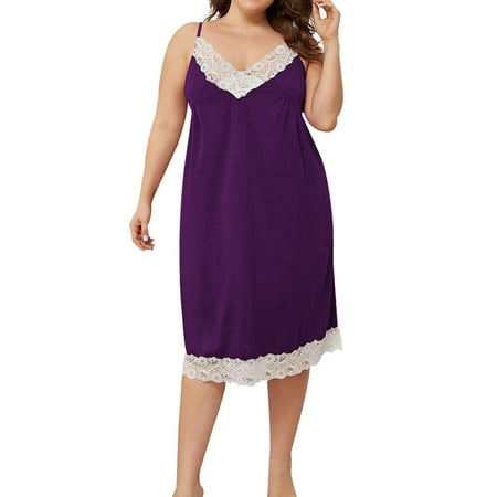 

KVMeteor Women s Plus Size Solid Color Sleeveless Lace Spaghetti Strap Nightgown Pajamas