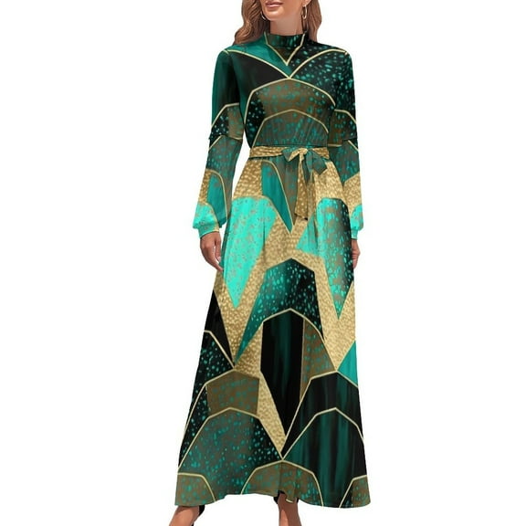 Vintage Geometric Dress Long Sleeve Blue Mosaic Maxi Dress High Waist Casual Graphic Bohemia Long Dresses Birthday Present