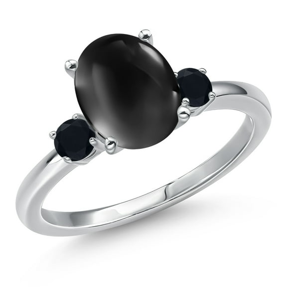 Gem Stone King 14K White Gold Black Onyx Engagement Ring for Women | 2.80 Cttw | Oval Cabochon 10X8MM | Gemstone December Birthstone | Size 6