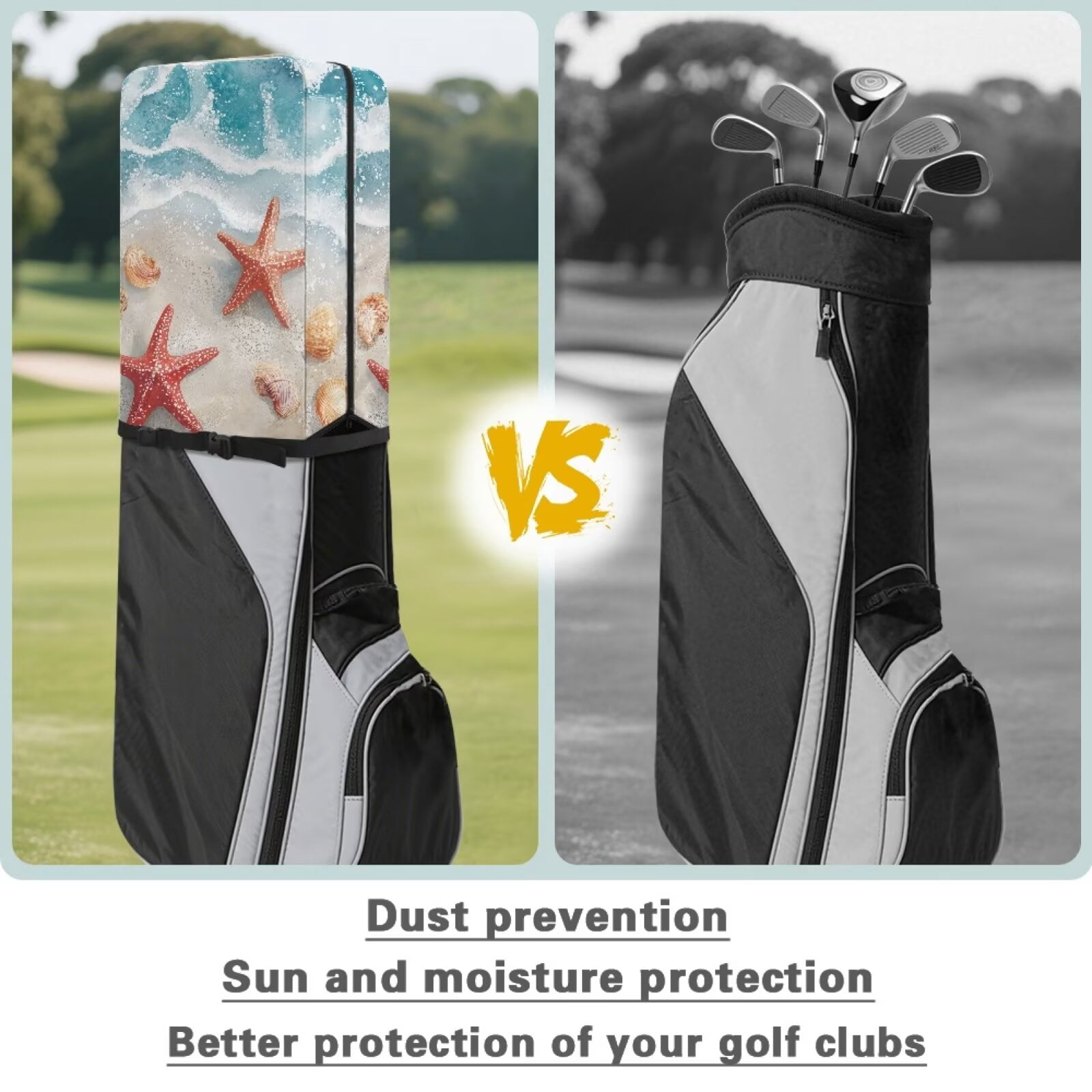 Chririnla Beach Starfish Hood Golf Bag Cover Dust & Sun Protection for Clubs with Snap Button Fits Most Stand Bags, Cart Bags & Carry Bags