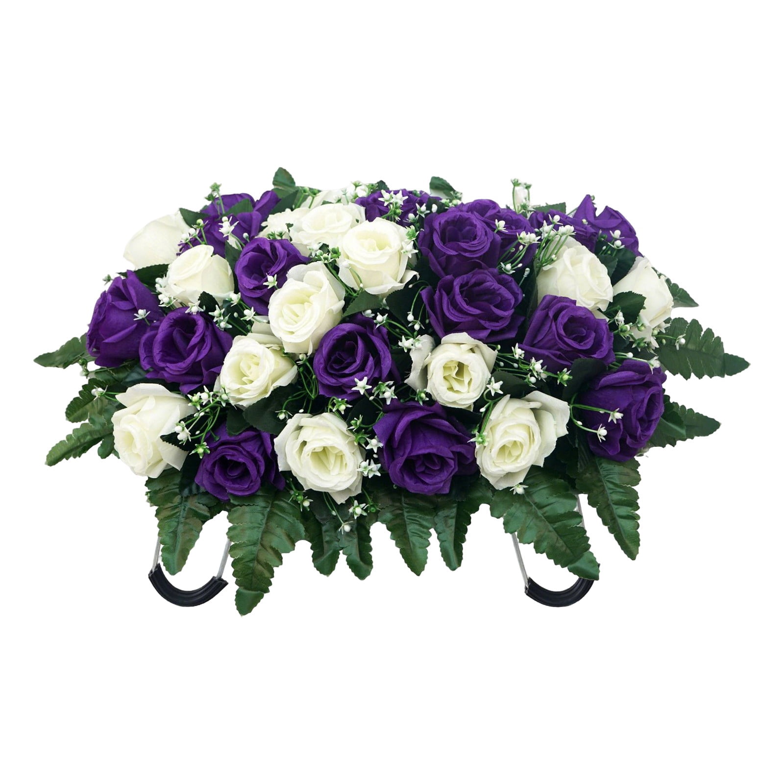 Artificial Cemetery Saddle Flowers, Lifelike Rose Headstone Saddle with Secure Hooks, Weatherproof UV Resistant Grave Decorations, Memorial Floral Arrangement for Cemetery Headstones