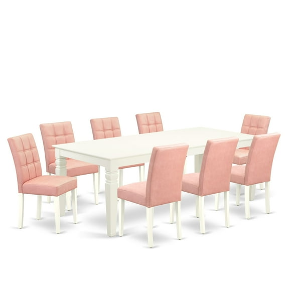 East West Furniture LGAS9-LWH-42 9 Piece Dinette Table Set contain A Modern Dining Table and 8 Beige Red Faux Leather Kitchen Chairs with Stylish Back- Linen White Finish