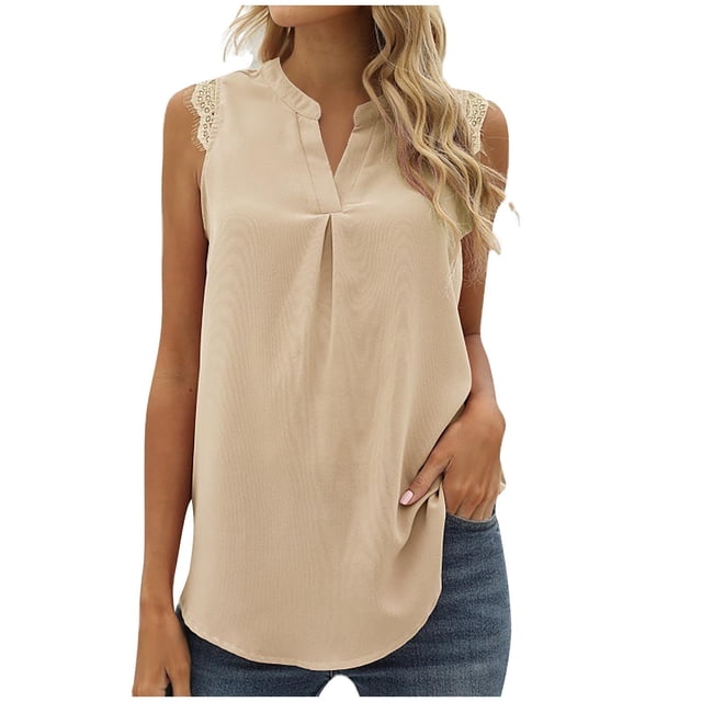 Cameland Women Casual Chiffon V-Neck Lace Solid Color Pullover Sleeveless Blouse T-Shirt Tops Tank