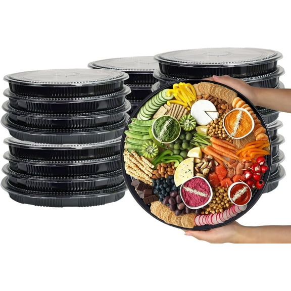 Klex Disposable Round Party Sushi Trays with Lids, PET Plastic, Black/Clear, Ø16.1, 25 Sets