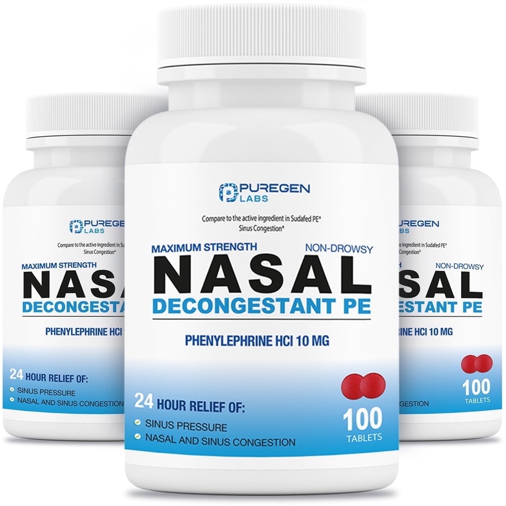 Puregen Labs Nasal Decongestant Gluten-Free Phenylephrine Over-the-Counter Medicine Tablets for Cold, Nasal and Sinus Congestion 3-Pack, 10 mg, 100 Count