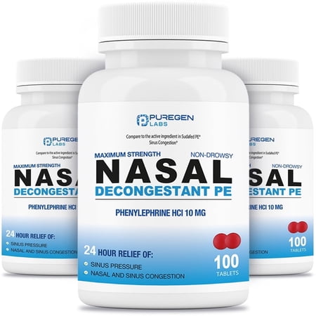 Puregen Labs Nasal Decongestant Gluten-Free Phenylephrine Over-the-Counter Medicine Tablets for Cold, Nasal and Sinus Congestion 3-Pack, 10 mg, 100 Count