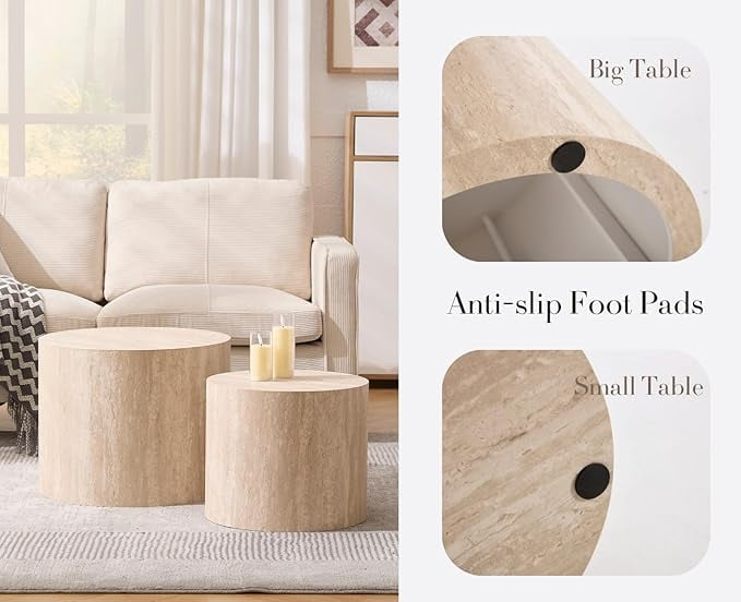 Guyou Nest Coffee Table Set of 2, Modern Wooden Round Coffee Table with Small End Table, Circle Accent Side Table for Living Room Bedroom Balcony, Natural