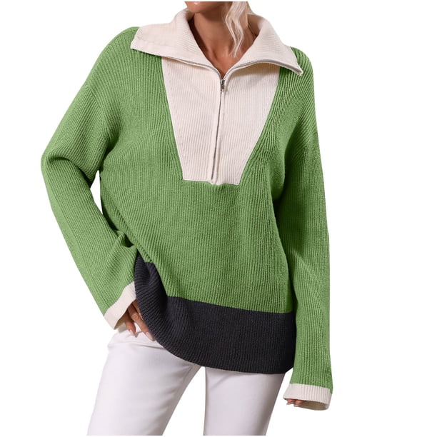 Suéteres para mujer Suéteres de otoño Moda Cuello alto Manga larga Cremallera Color a juego Camisetas Odeerbi ODB-5