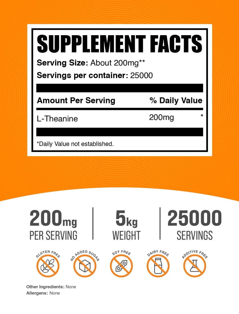 BulkSupplements L-Theanine Powder - Amino Acid Supplement, Theanine Supplement - Unflavored, 200mg per Serving, 5kg (11 lbs)