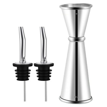 JTCAREERS Jigger for Bartending, Japanese Professional Cocktail Jigger, Jigger 2 OZ 1 OZ with Measurements Inside, Premium 304 Stainless Steel (Silver, 1 Jigger+ 2 Pourers)