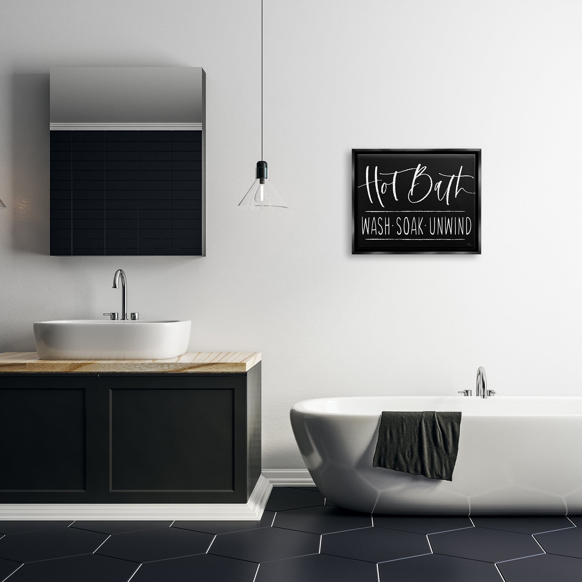 Stupell Industries Hot Bath Wash Soak Unwind Bathroom Typography Graphic Art Metallic Gold Floating Framed Canvas Print Wall Art, Design by Lux + Me Designs