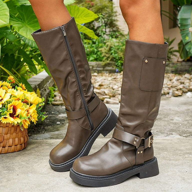 JUSLIO Winter Boots for Women Chunky Heel Boots Solid Color