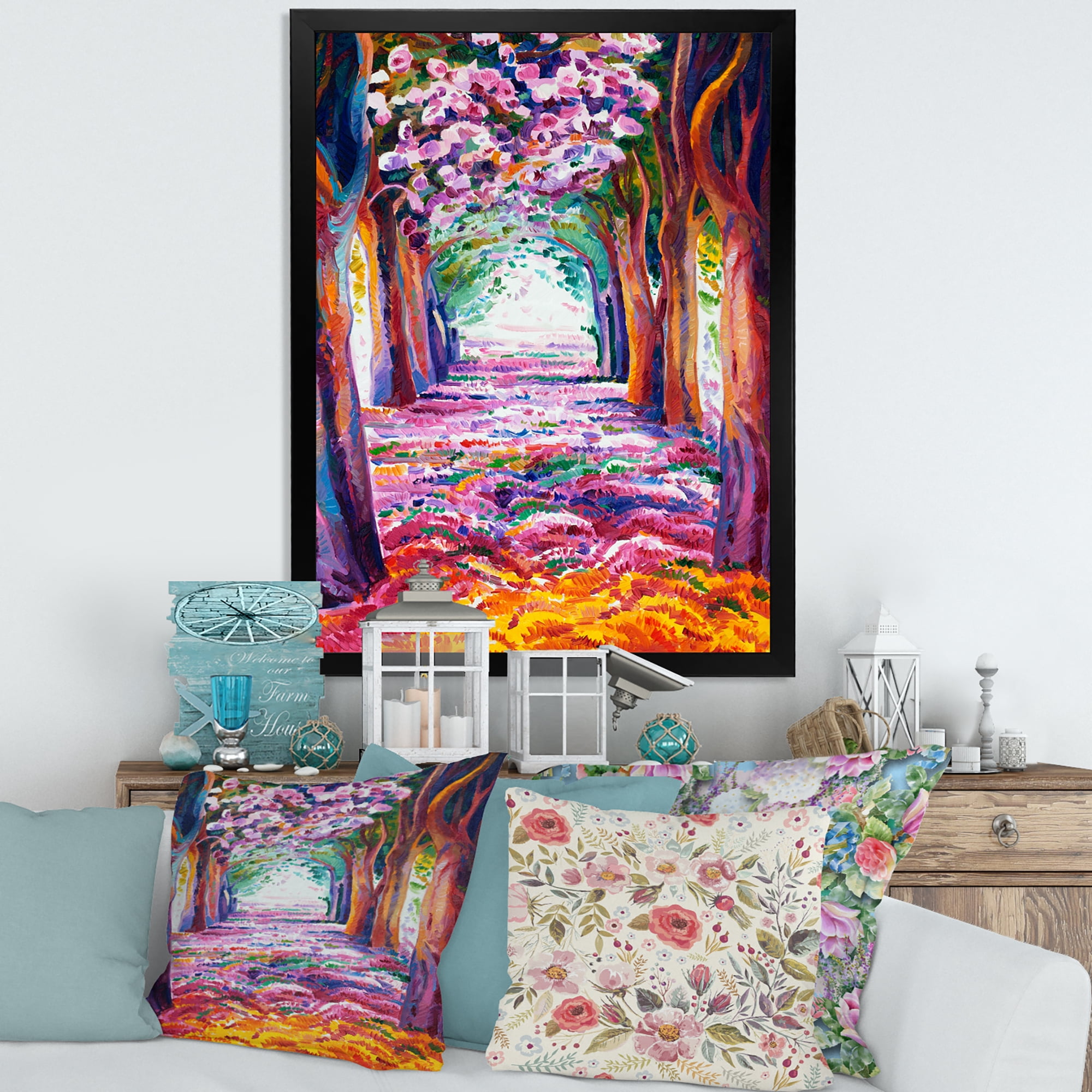 Pink Flowering Colorful Spring Forest 30 in x 40 in Framed Painting Canvas Art Print, by Designart