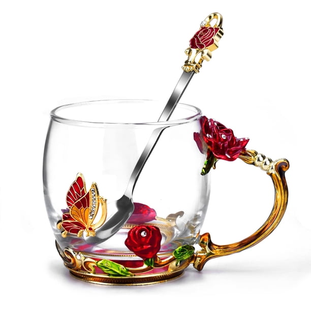 Taza OEAGO de cristal esmaltado con forma de mariposa y rosa, 330 ml, para mujer