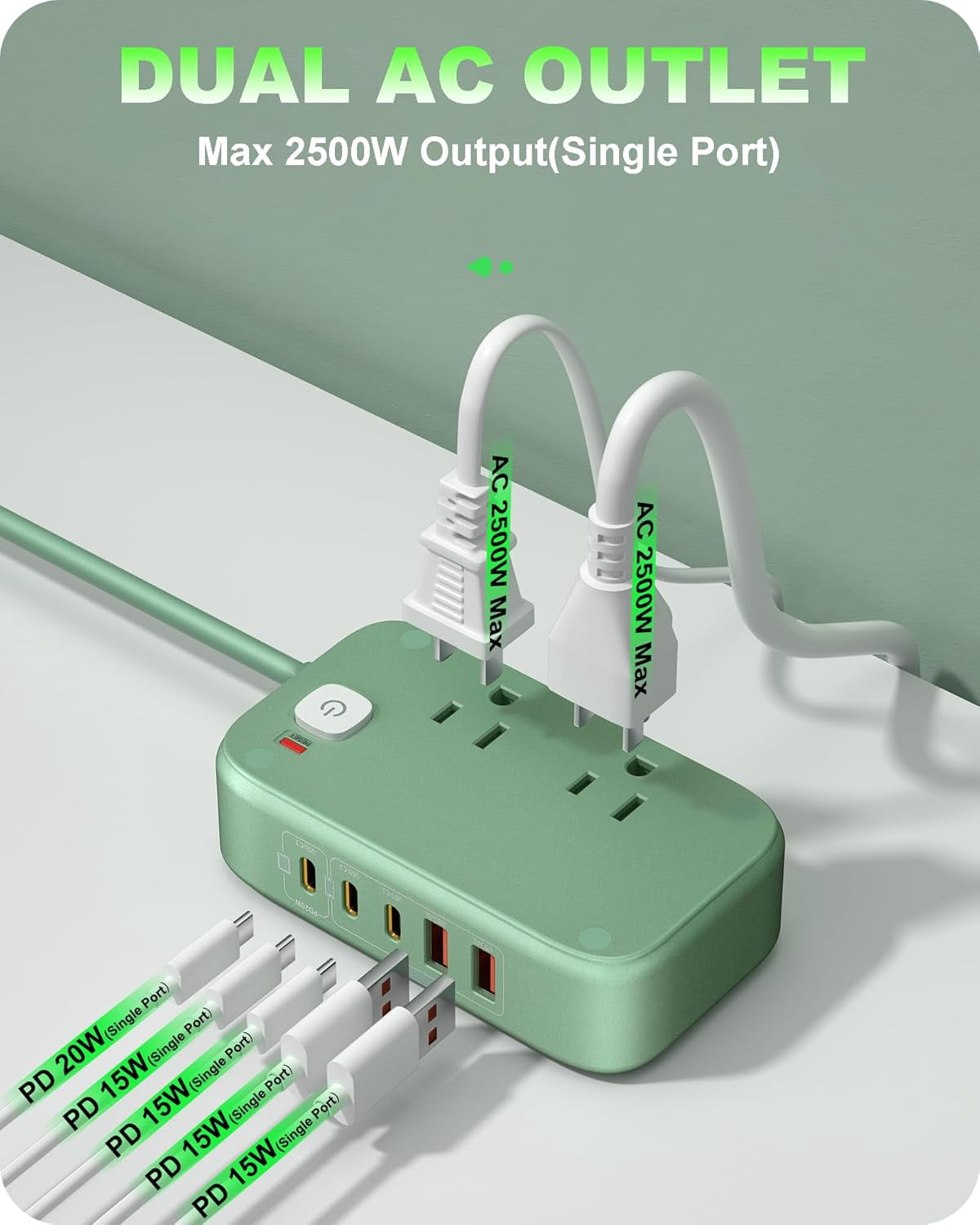VHBW 20W USB C Charging Station with 2500W AC Outlets, 3 USB-C Ports, 2 USB-A Ports, 5ft Cord, 1 Pack
