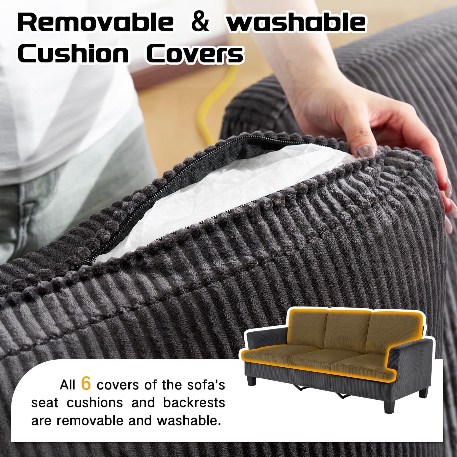 84" Mid Century Modern 3 Seater Sofa Couch, Deep Seat Corduroy Upholstered Sofa with Armrests for Living Room, Bedroom & Apartment, Dark Gray