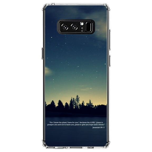 DistinctInk Clear Shockproof Hybrid Case for Samsung Galaxy Note 8 - TPU Bumper, Acrylic Back, Tempered Glass Screen Protector - Night Sky Lake Jeremiah 29:11 - Christ