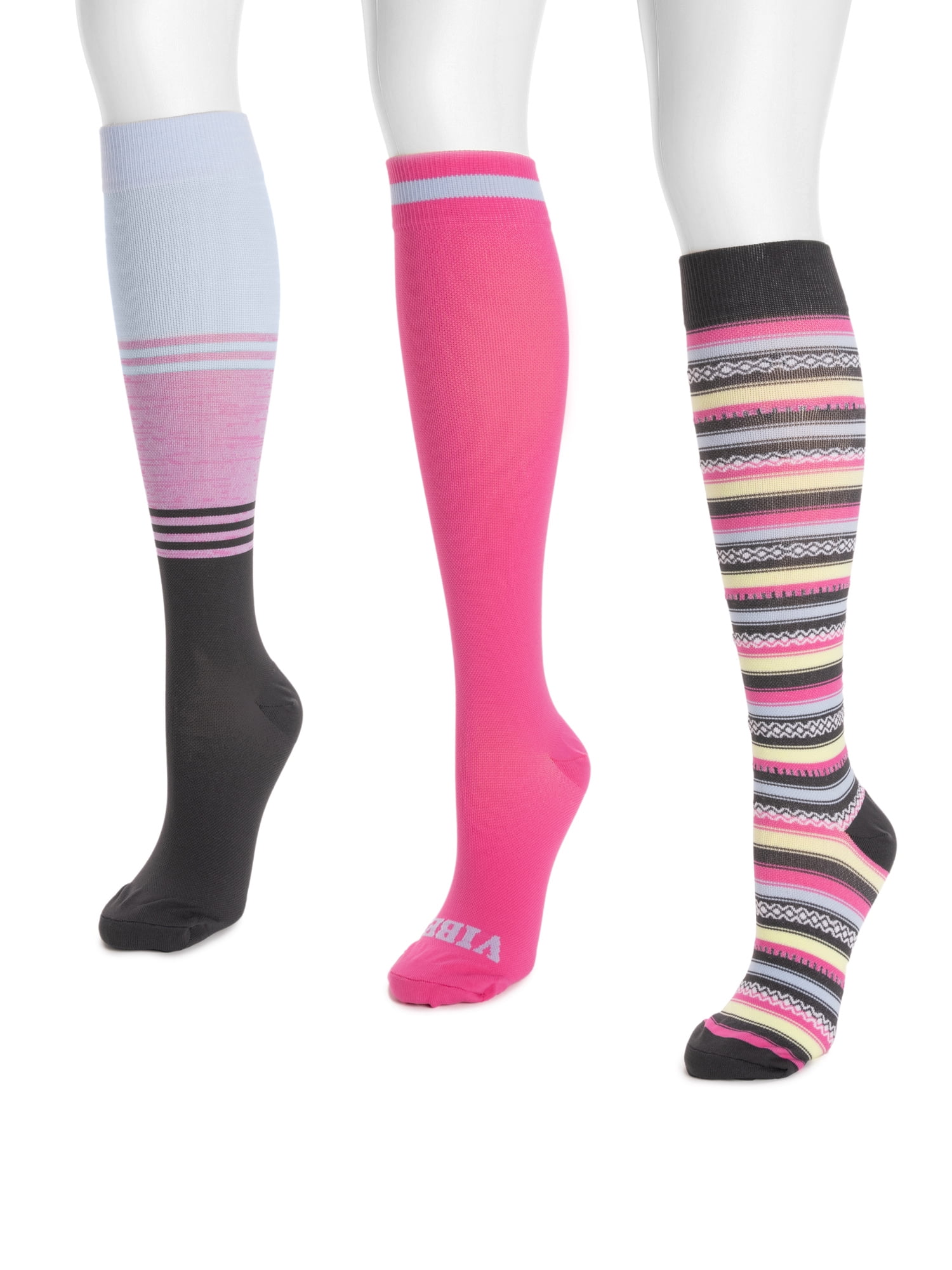 MUK LUKS Women's Wide Width Compression Nylon Knee-High Socks, 3-Pack, Shoe Size 6-10