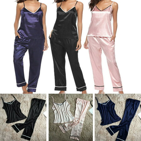 2PCS Women Lady Silk Satin Pajamas 2PCS Sets Pyjama Sleepwear Nightwear Loungewear