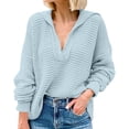 thumbnail image 1 of Duoif Chandails pour Femmes Tendance Chandail à Manches Longues Uni à Col à Revers Épais Chandail à Enfiler Chandails pour Femmes Hauts pour Femmes Bleu P, 1 of 5