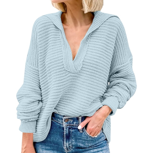 Duoif Chandails pour Femmes Tendance Chandail à Manches Longues Uni à Col à Revers Épais Chandail à Enfiler Chandails pour Femmes Hauts pour Femmes Bleu P