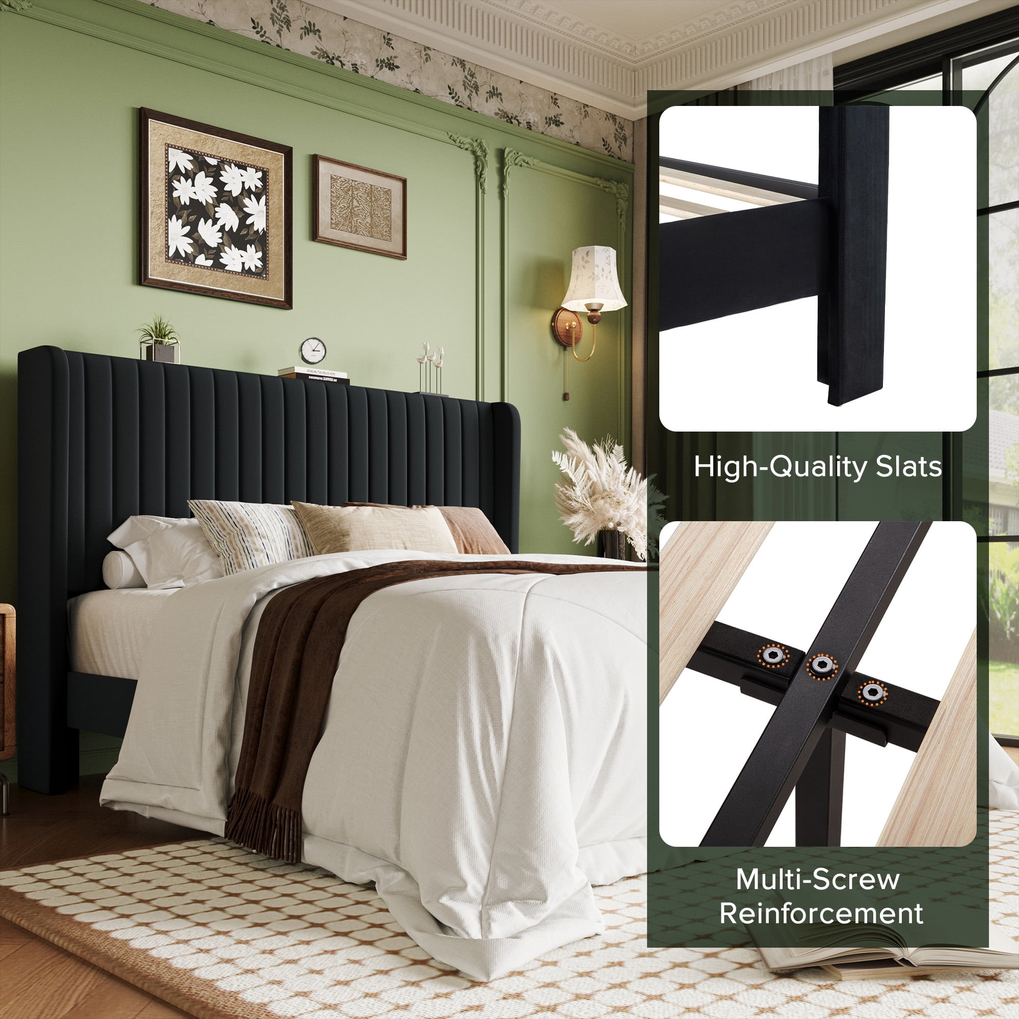 Einfach Queen Bed Frame, Upholstered Platform Bed with Wingback Headboard, No Box Spring Required, Black