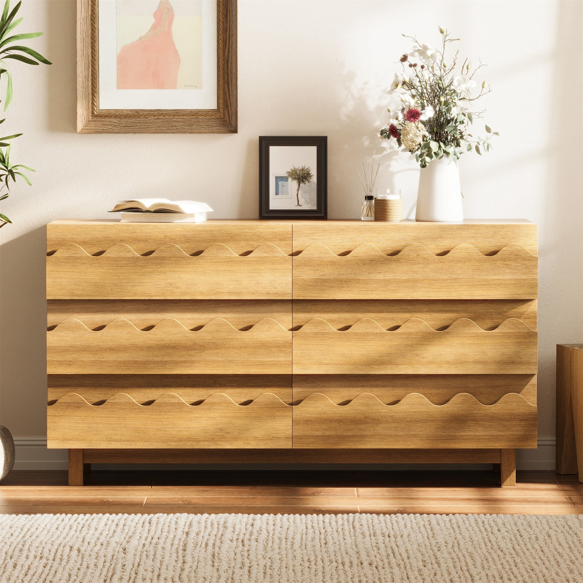 Alvantor 6 Drawer Dresser, 60" Wide Wooden Chest of Drawers, Fluted Dresser for Bedroom Oak