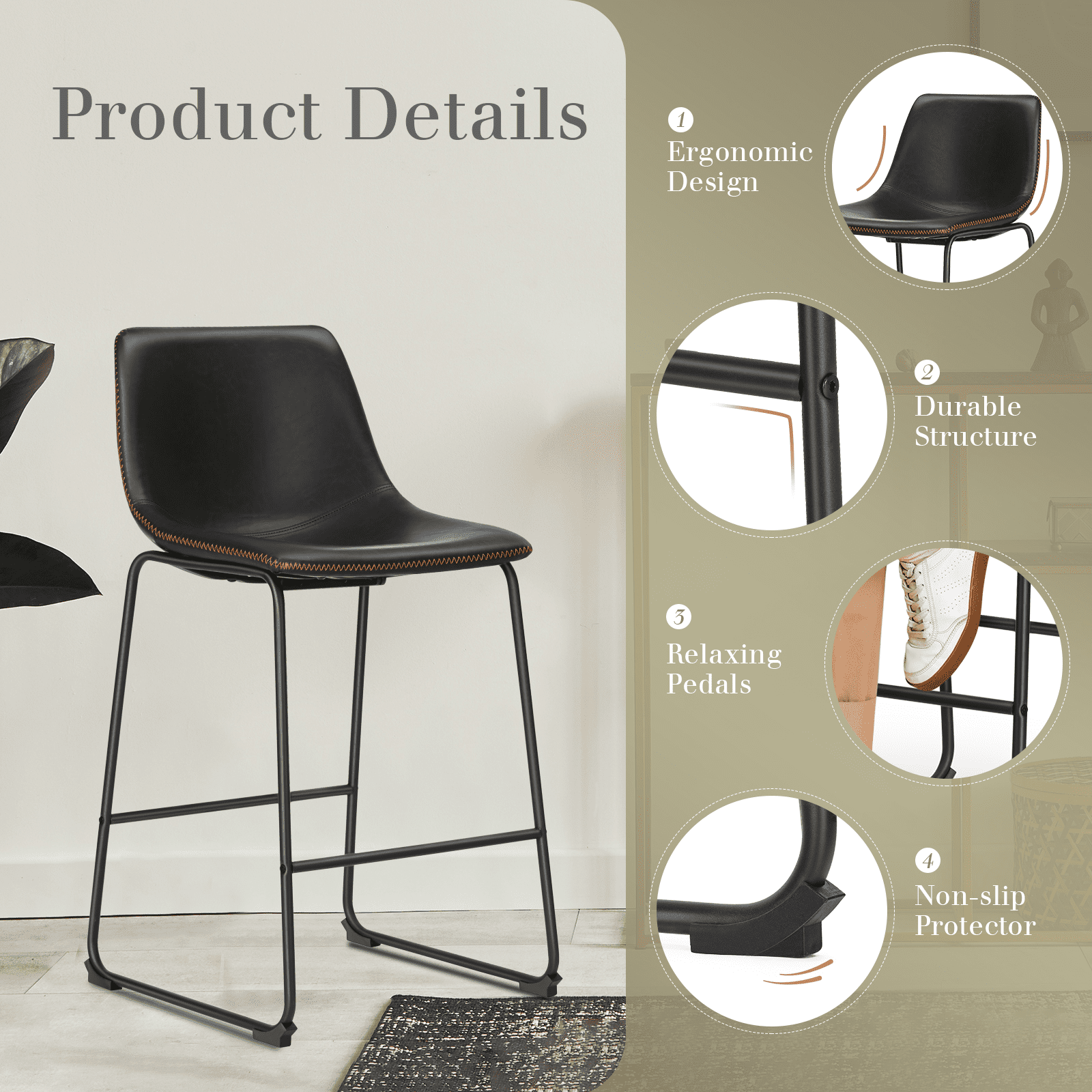 MAYEERTY Armless Barstools Faux Leather Dining Chairs with Metal Legs and Footrest, for Home Office Kitchen Island