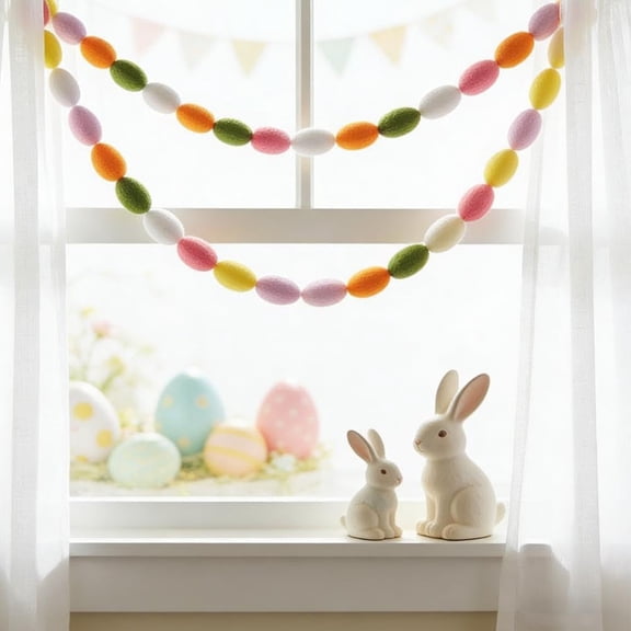 Easter Egg Garland with Pastel Felt Balls, 47" Spring Hanging Decor for Mantel, Fireplace, Wall & Window, Farmhouse Party Decoration(DSF)