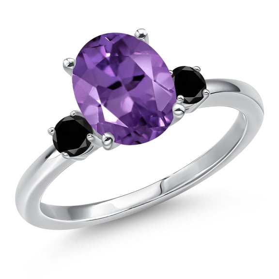 Gem Stone King 14K White Gold Purple Amethyst and Black Diamond Engagement Ring for Women | 2.50 Cttw | Oval 10X8MM | Gemstone February Birthstone | Size 5