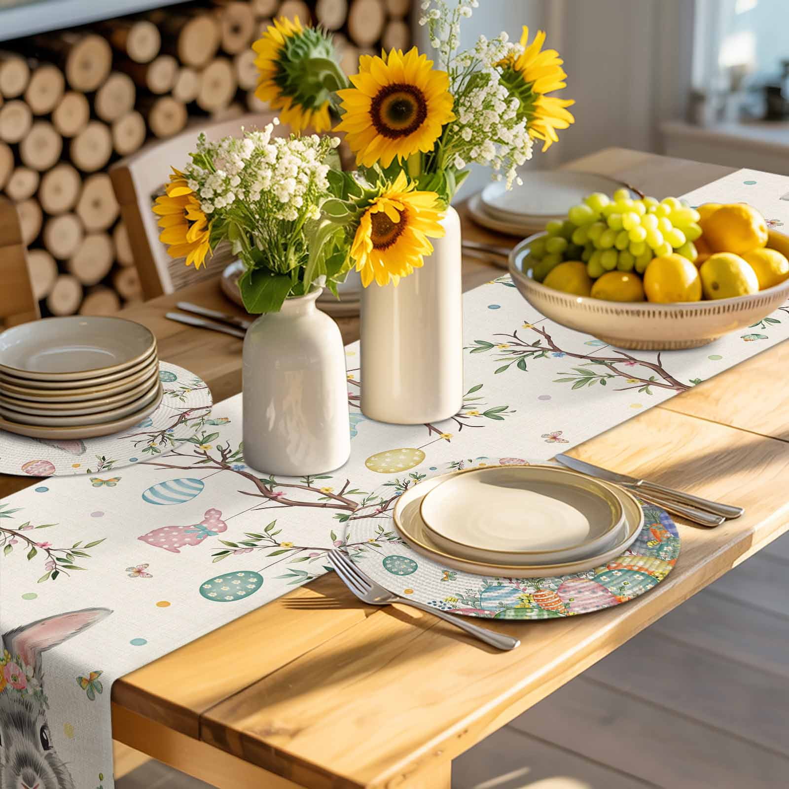 Round Woven Placemats set of 8, Eggs Bunny Easter Tree Washable&Heat Resistant Plastic Wipeable Placemats for Round Table Spring Floral Kitchen Dining Table Decor, 15in, Beige