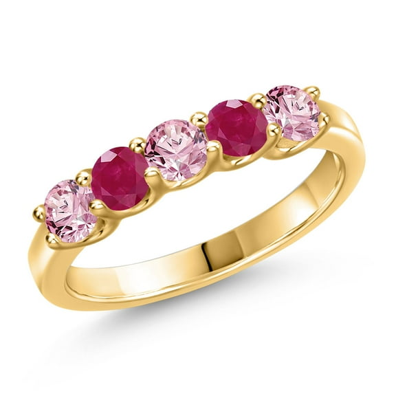 Gem Stone King 18K Yellow Gold Plated Silver Pink Lab Grown Diamond and Red Ruby Wedding-Bands Ring for Women | 1.04 Cttw | Round 3.5MM | Gemstone April Birthstone | Size 6