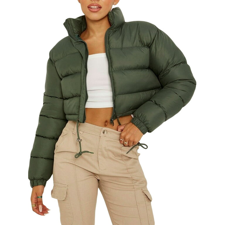Cathery Women Winter Crop Short Down Jacket Patch Cropped Puffer Sleeve Quilted Puffer Jackets Outwear Lightweight Coat, Women's, Size: Small, Green