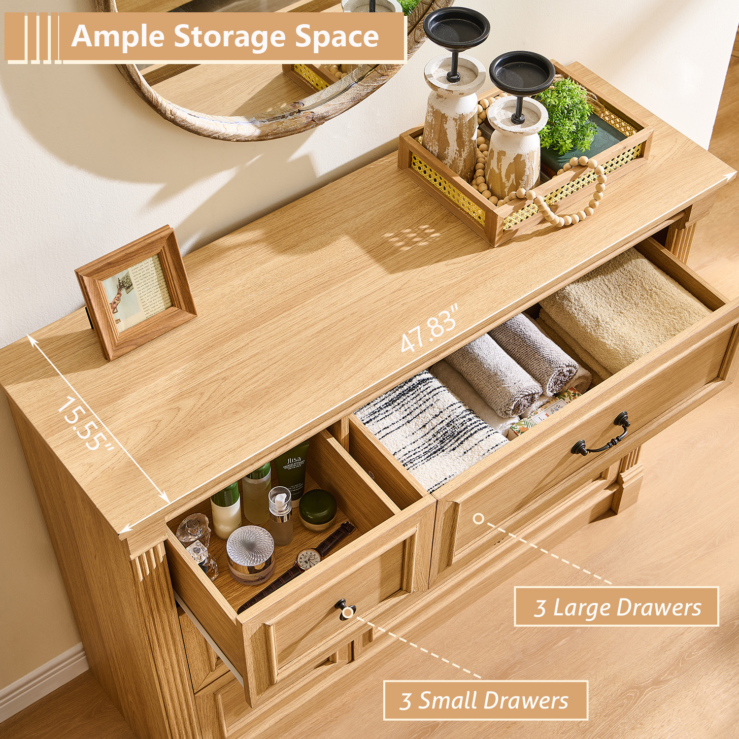 wow97e Farmhouse 6 Drawers Dresser for Bedroom, 48" Wide Wooden Chest of Drawers w/Roman Column, Storage Dressers for Hallway, Living Room