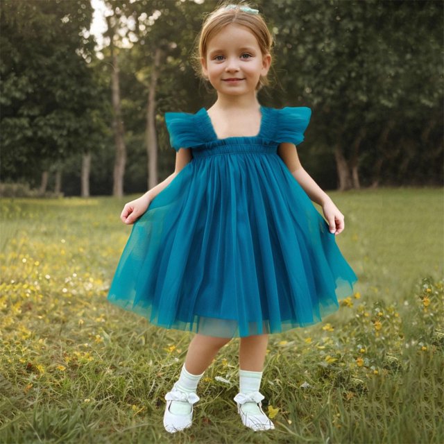 LOVZFMLL Robe Fleurie Brodée à Manches Volantes Couleur Unie pour Filles Robe d'Été à Bretelles en Maille