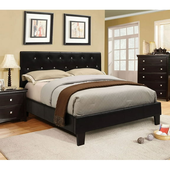 Contemporary Leatherette Padded Tufted Crystal Like Button Platform Eastern King Size Bed European Style Black Color Wooden Bedroom Furniutre 1pc Bedframe