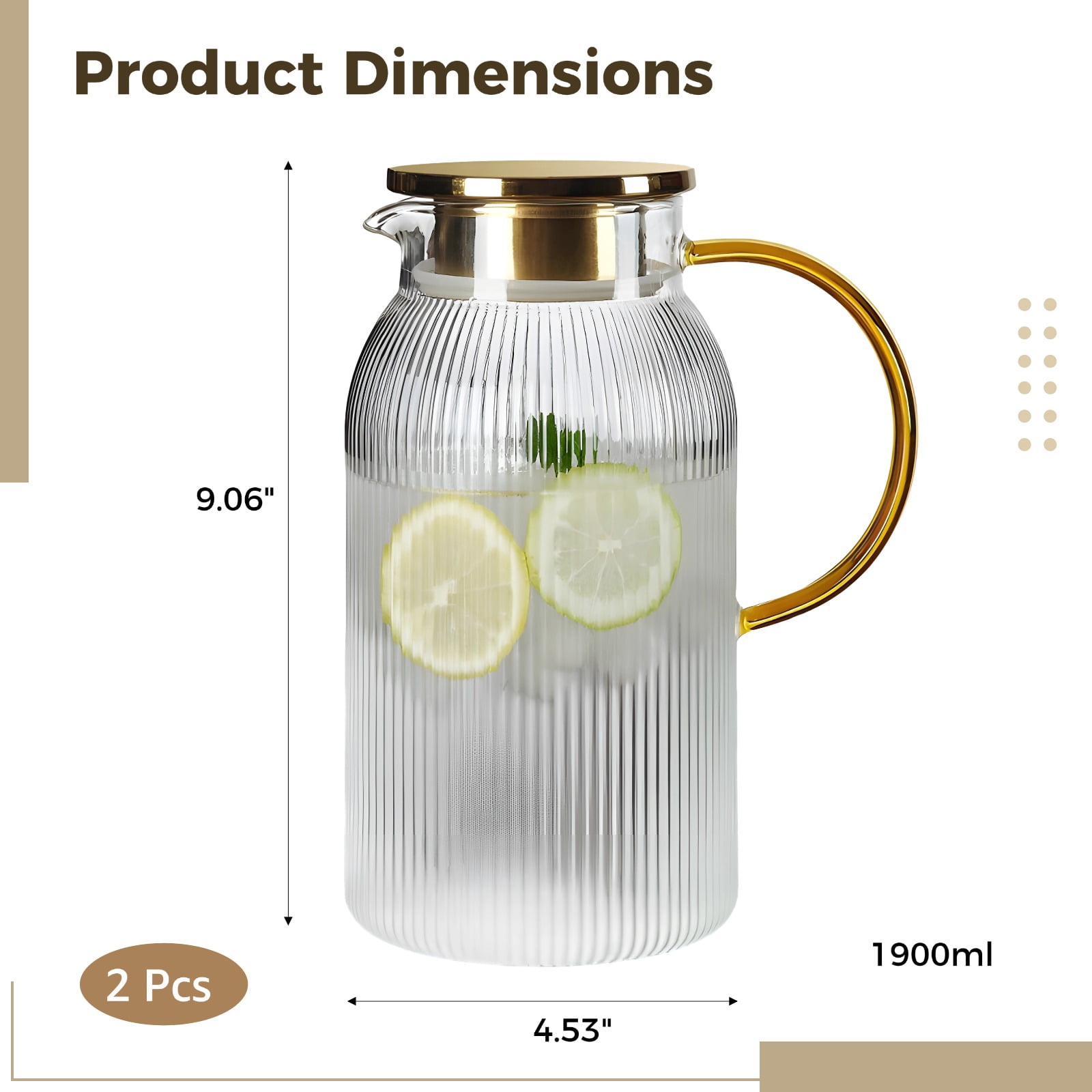 2 PCS Glass Pitcher with Lid, 64 oz Heat Resistant Borosilicate Carafe, Vertical Stripe Water Pitcher for Iced Tea, Juice, Lemonade, Coffee, Milk, Cold Brew, Fridge Beverage Server