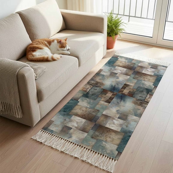 Blue Brown Geometric Kitchen Runner Rug 2'x4', Modern Ombre Abstract Art Washable Rug with Tassels, Non Slip Woven Cotton Bathroom Rugs Hallway Carpet for Foyer Bedroom Entry Back Door Decor