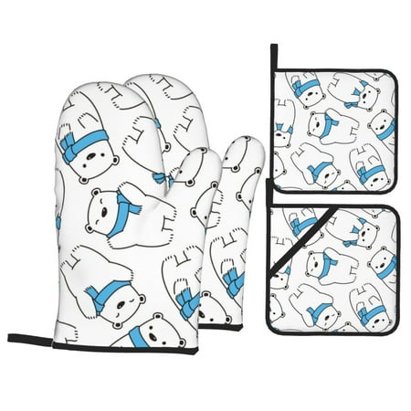 

Oven Mitts and Pot Holders Sets 4 pcs - scarf bear Heat Resistant Silicone Oven Gloves with Non-Slip Silicone Surface and hot pads for kitchen Baking Cooking BBQ