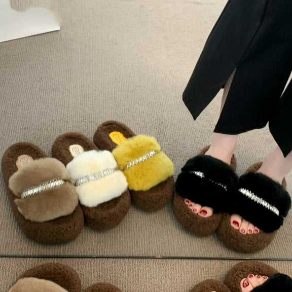 Miluxas Women's Fluff Slippers Open Toe - Soft Fleece, Non-Slip Rubber Sole, Stylish All-Season Indoor Shoes for Home & office Yellow 7.5(40)