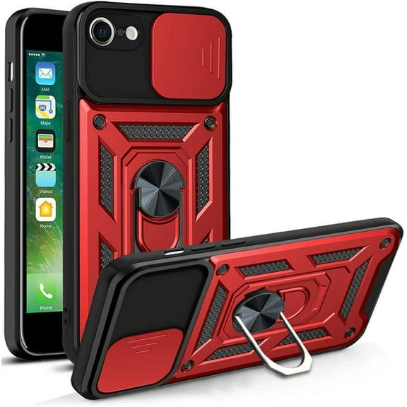 Case for iPhone SE with Slide Camera Cover, Heavy Duty Military Grade Protection Phone Case Built-in 360° Rotate Ring Stand for iPhone SE 2022/2020 Red