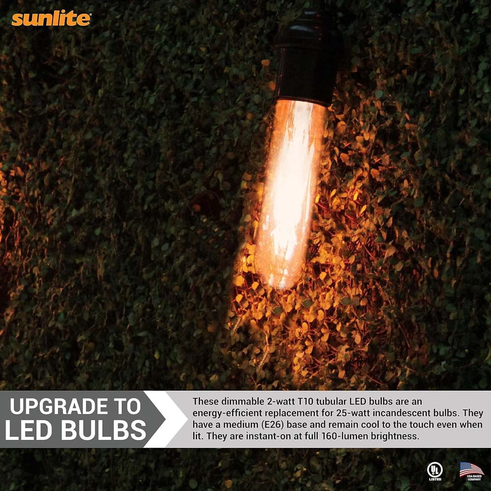 Sunlite 41790 LED Edison T10/T30 Tubular Light Bulb, 2 Watts (25W Equivalent), 160 Lumens, Medium E26 Base, 120 Volts, Dimmable, 90 CRI, UL Listed, Clear, 2700K Soft White, 6 Pack