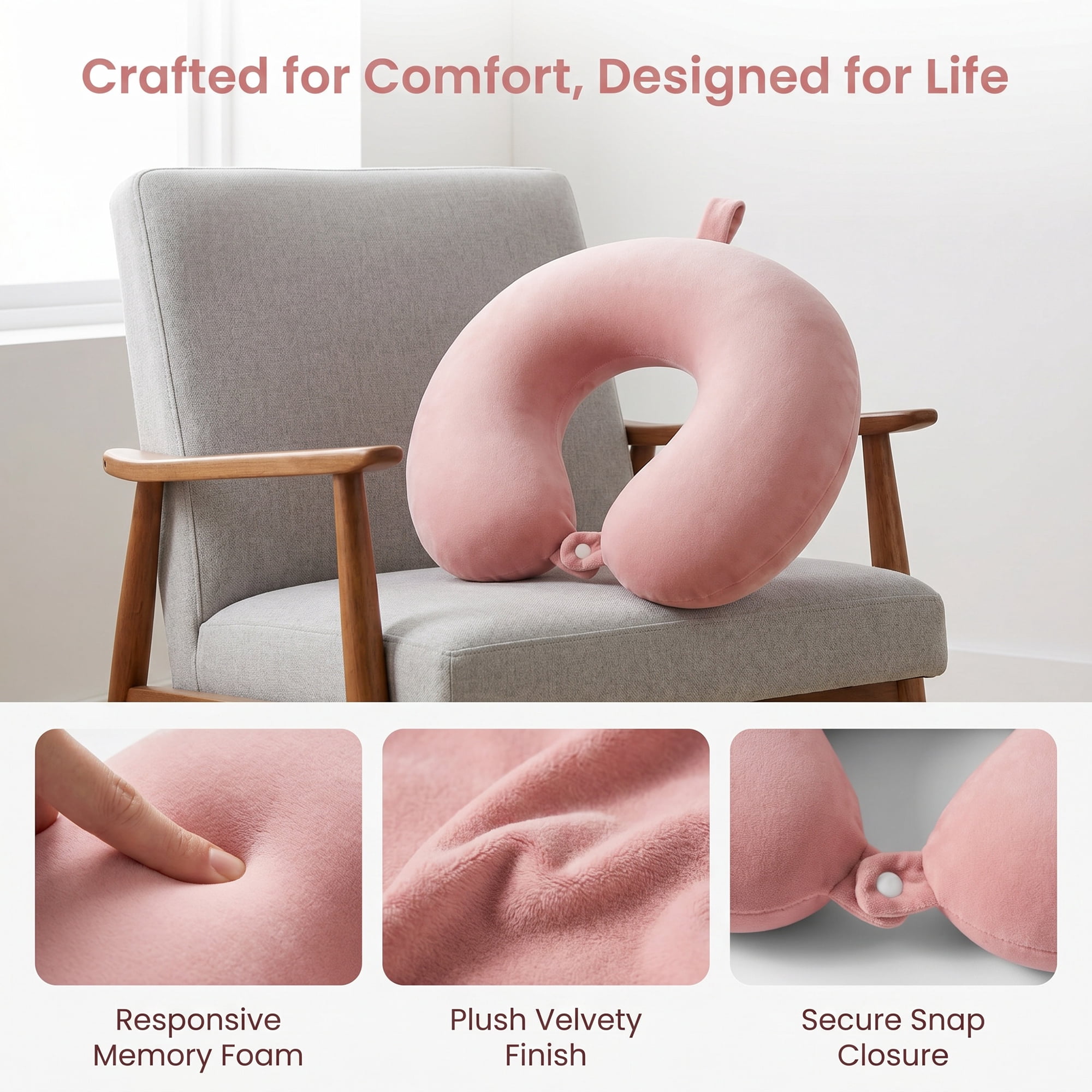 Unique Bargains Memory Foam Travel U Shape Neck Pillow Snap Closure Bean Pink 12"x12"x4"